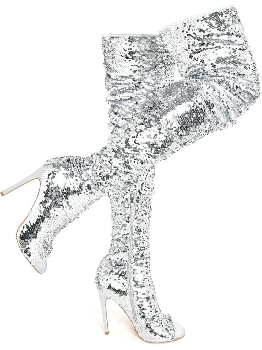 Women's Silver Leather Sparkly Peep Toe Stiletto Heel Thigh High Boots